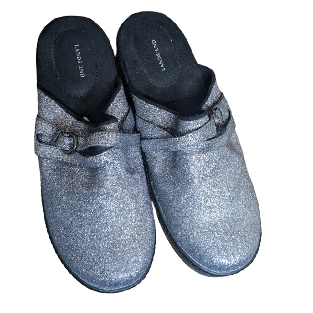 NEW Lands End silver glitter sparkle clogs mules slip on Women's 6 - Picture 2 of 8